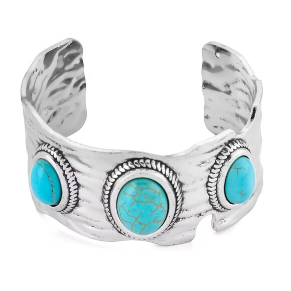 Jewelry - Women's Blue Oval Howlite 7" Cuff Bracelet in Silvertone